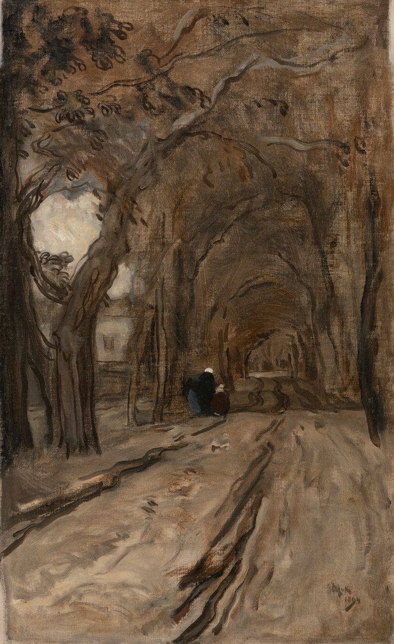 Landscape oil painting by Willem van Konijnenburg featuring a cobblestone road and earthy tones