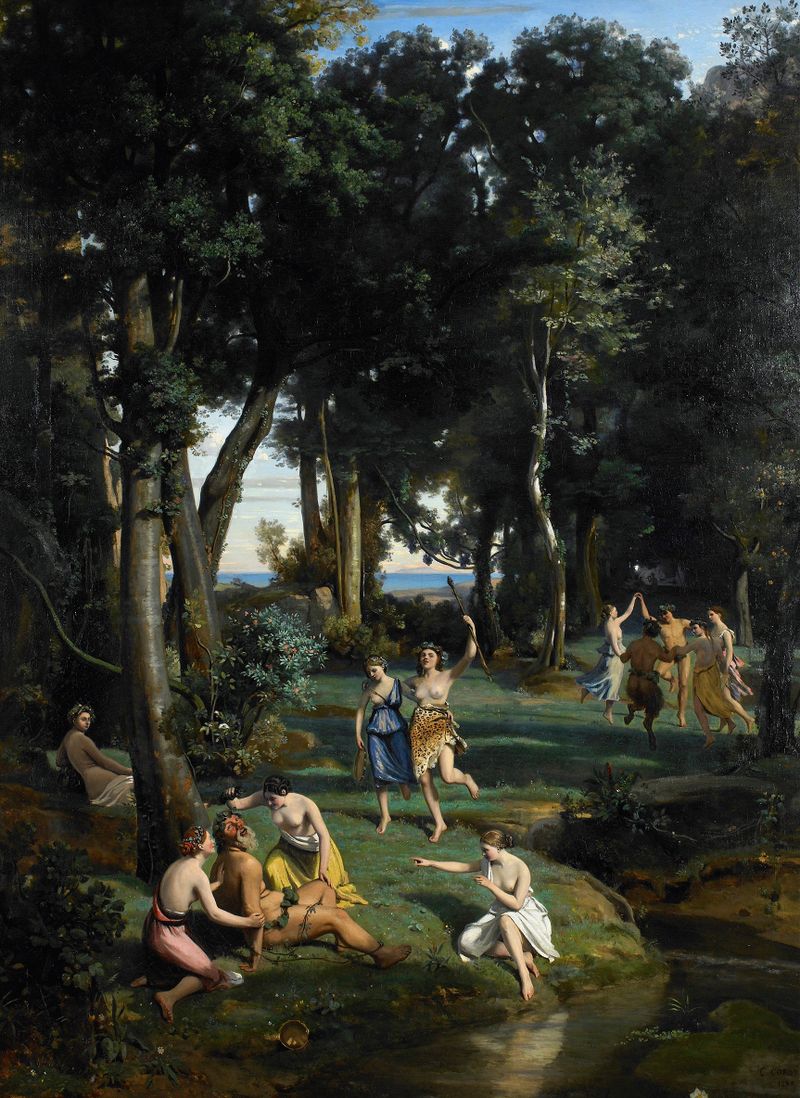 Silenus by Jean-Baptiste-Camille Corot, oil on canvas, featuring a reclining figure in a lush landscape.