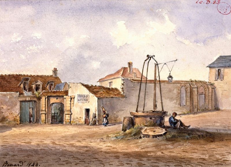 Pintura al óleo de Auguste-Sébastien Bénard que muestra ruinas de una iglesia a la luz del sol
