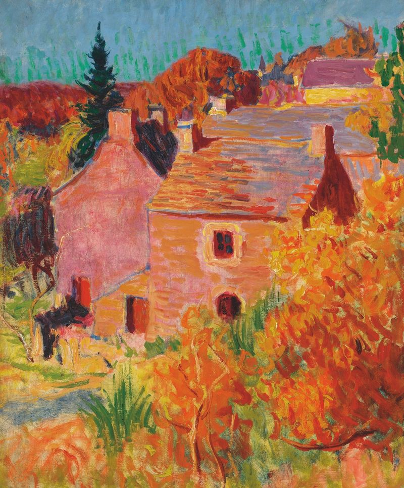 Post-Impressionism oil painting by Roderic O'Conor featuring red houses in Pont-Aven