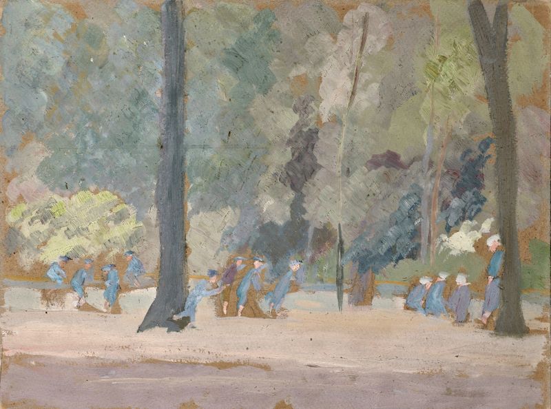 Playing Boys in a Public Park de Ernst Schiess, óleo impresionista de niños jugando en un parque.