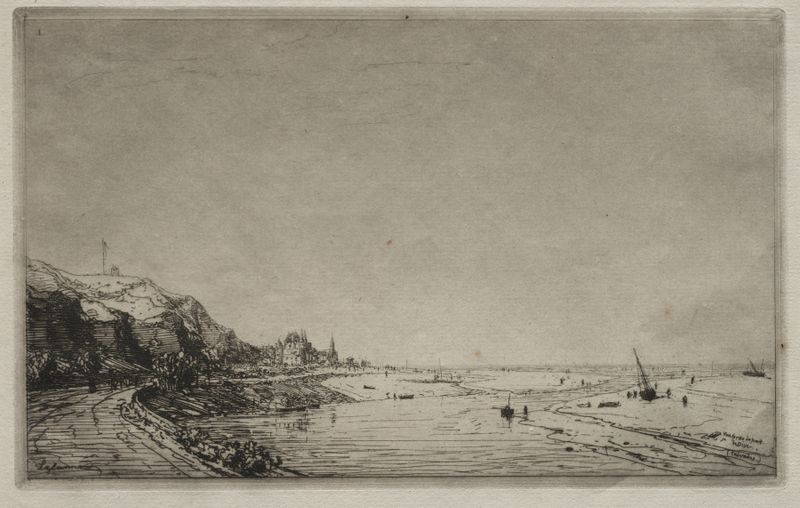 View from Port du Dives de Maxime Lalanne, óleo sobre lienzo que representa un paisaje costero.
