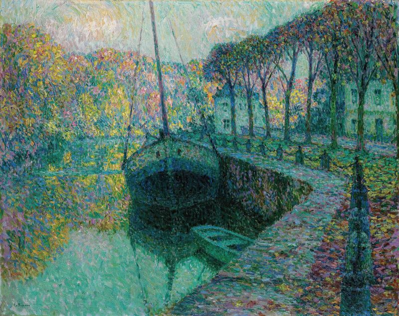 Le Bateau De Sel de Henri Le Sidaner, óleo sobre tela que mostra um barco em um mar cintilante