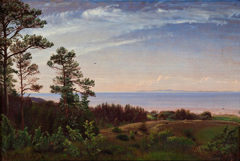 Vista del paisaje de la costa de Zealand sobre Kattegat y Kullaberg por P. C. Skovgaard, pintura al óleo.
