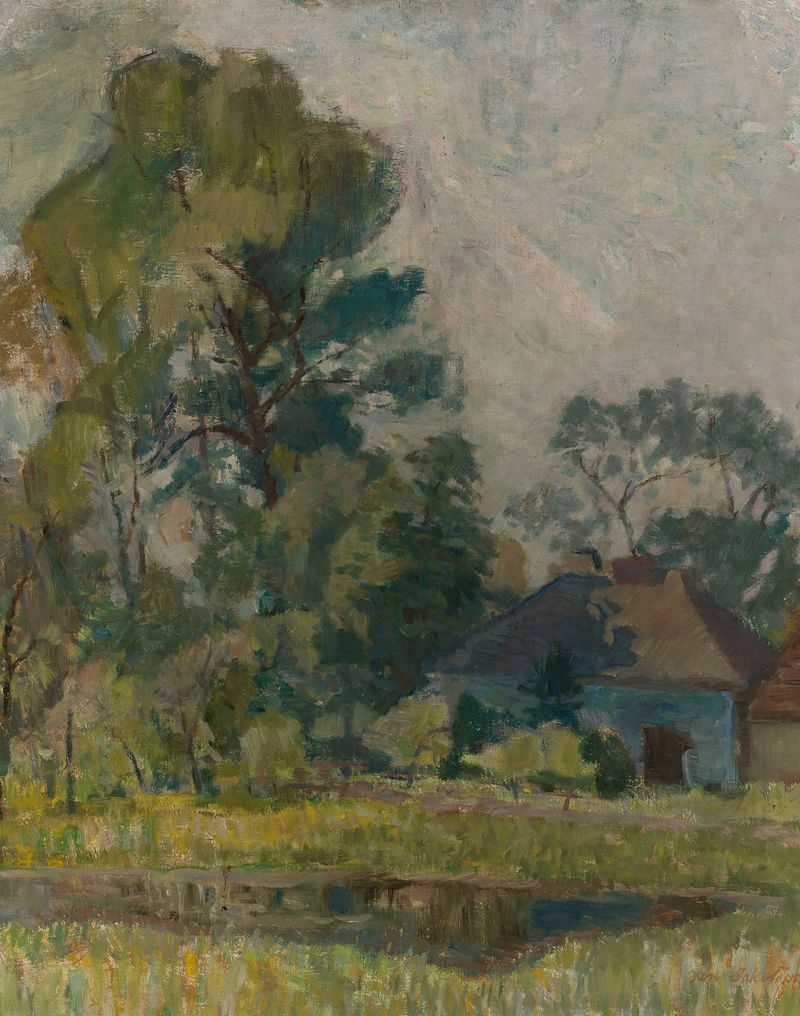 Landscape by Jan Seweryn Sokołowski, oil painting depicting sweeping vistas and soft hues.