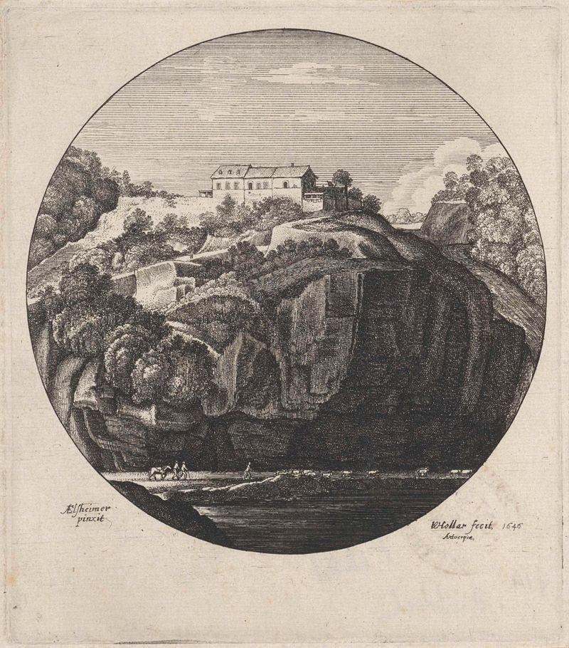 Landschap met huis op een klif de Wenceslaus Hollar, grabado de una casa en un acantilado con vegetación.