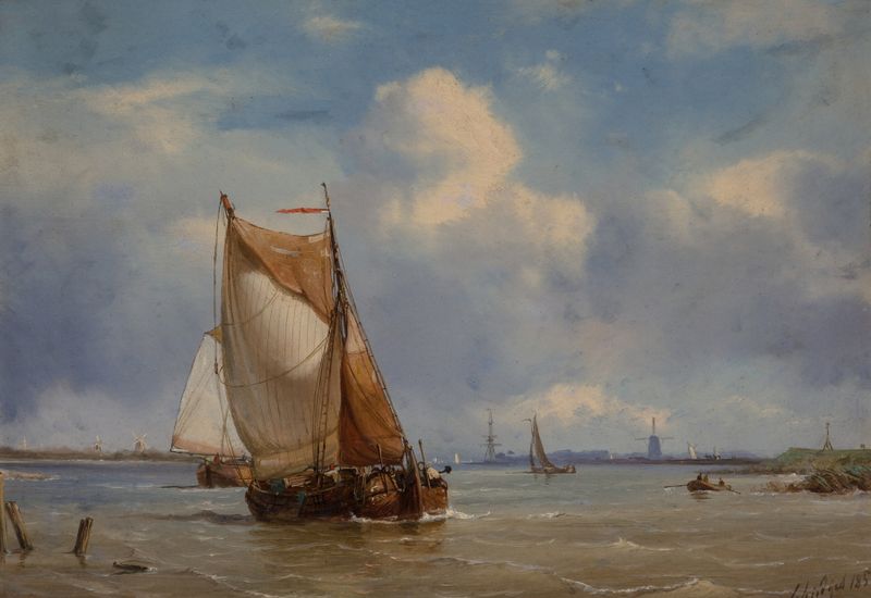 Oil on canvas by Petrus Paulus Schiedges depicting ships sailing in a light breeze.