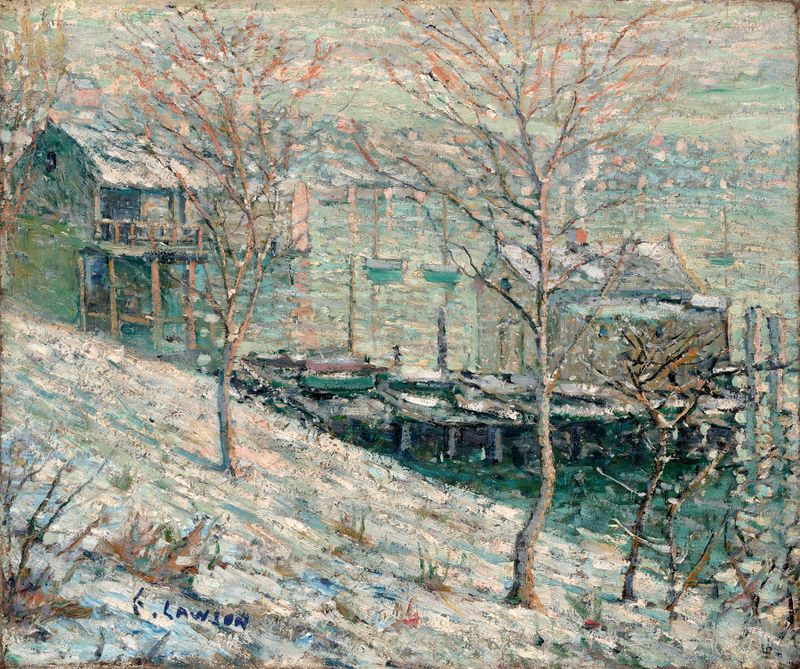 Harlem River Winter Scene by Ernest Lawson, oil on canvas depicting a winter landscape with soft blues and whites