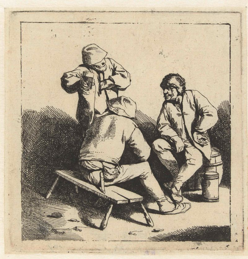 Gravura de Cornelis Pietersz. Bega mostrando três homens bebendo à luz de velas.