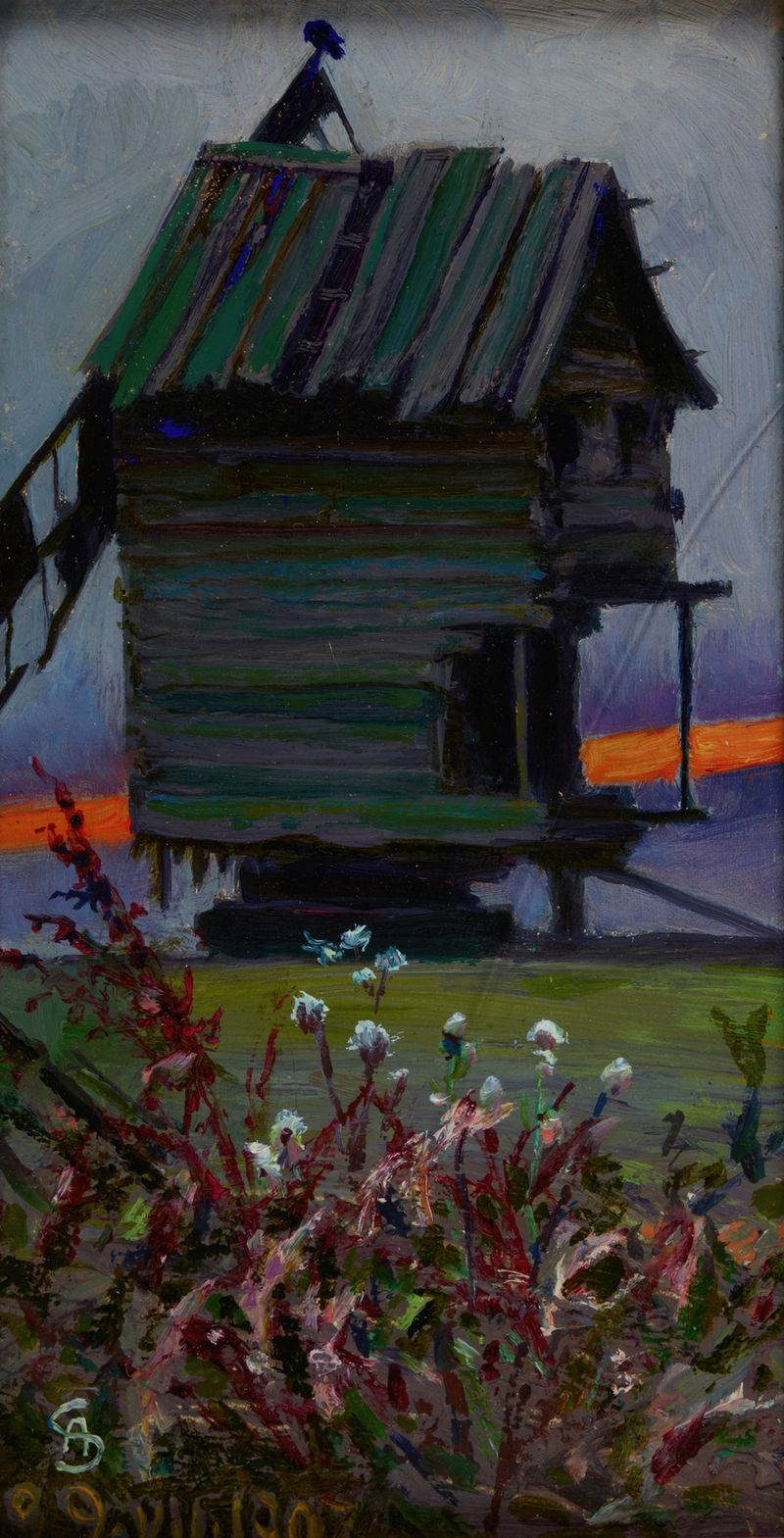 Old Windmill by Ambroży Sabatowski, oil painting depicting a decaying windmill in a natural landscape