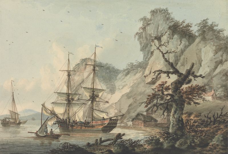 Oil painting by Samuel Atkins depicting a merchant ship on the sea with azure and gold horizon.