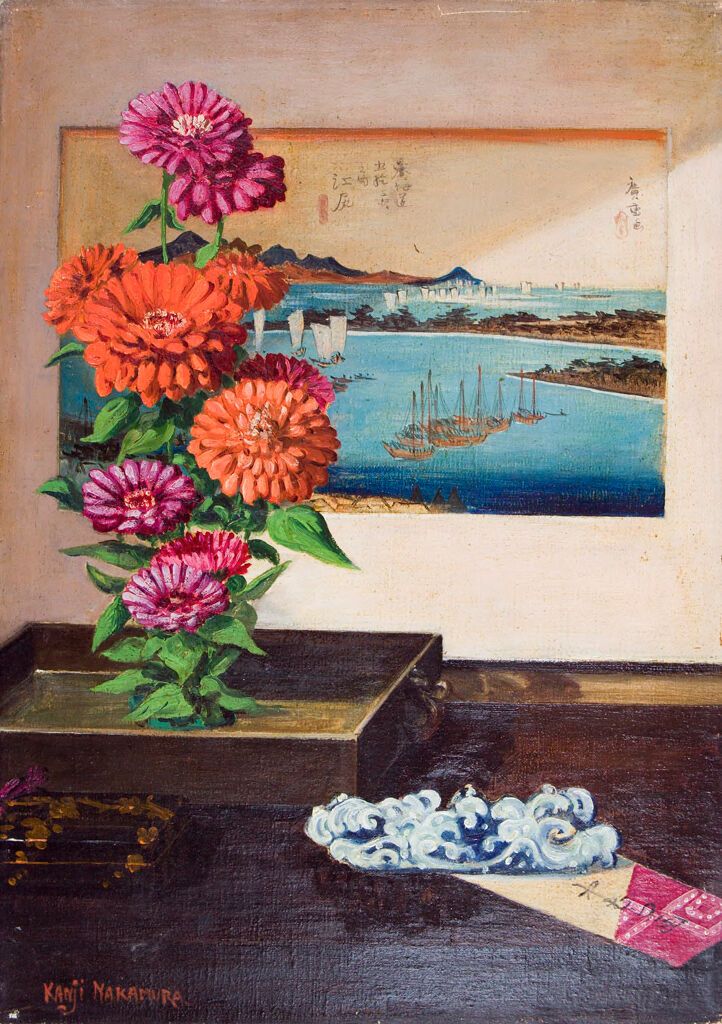 Natureza morta com flores e uma impressão japonesa, óleo sobre tela de Kanji Nakamura