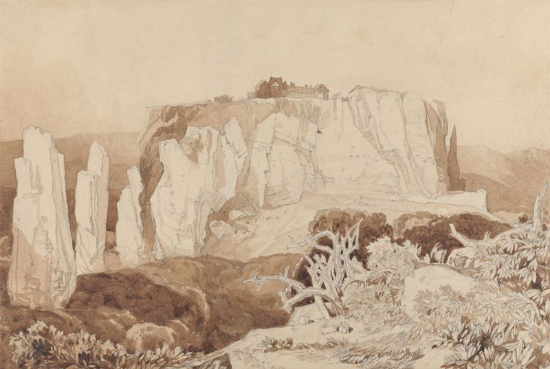 Acuarela de John Sell Cotman que representa ruinas en un paisaje exuberante