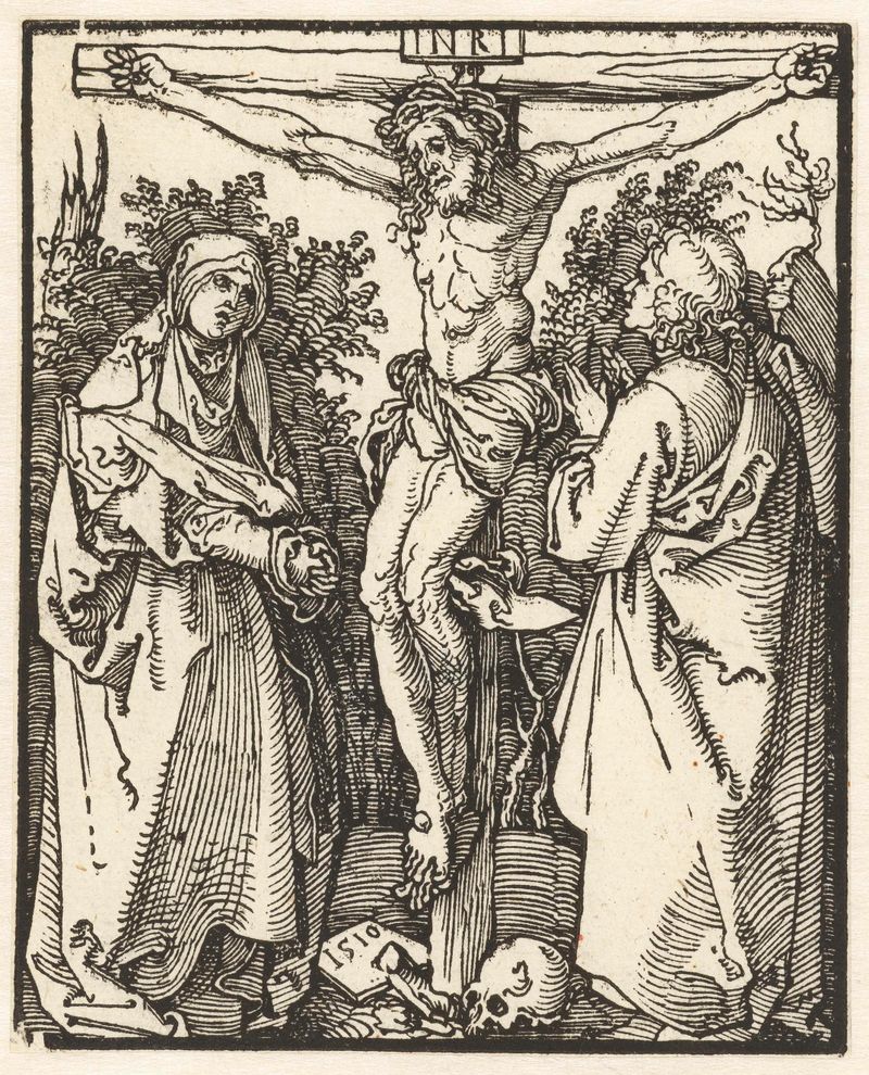Kruisiging by Albrecht Dürer, etching on paper depicting a crucifixion scene with vivid colors.