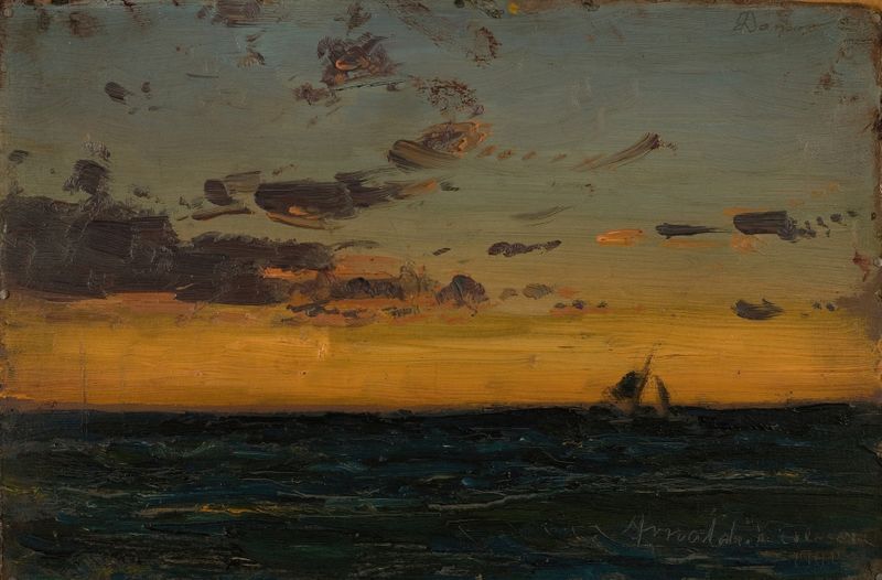 Pintura de paisaje al óleo de Amaldus Nielsen que representa un atardecer con colores vibrantes.