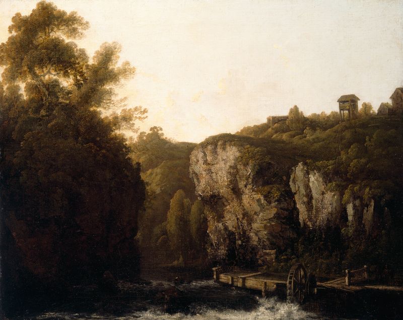 A View near Avoca by George Barret, oil on canvas depicting hills and a river at dawn.