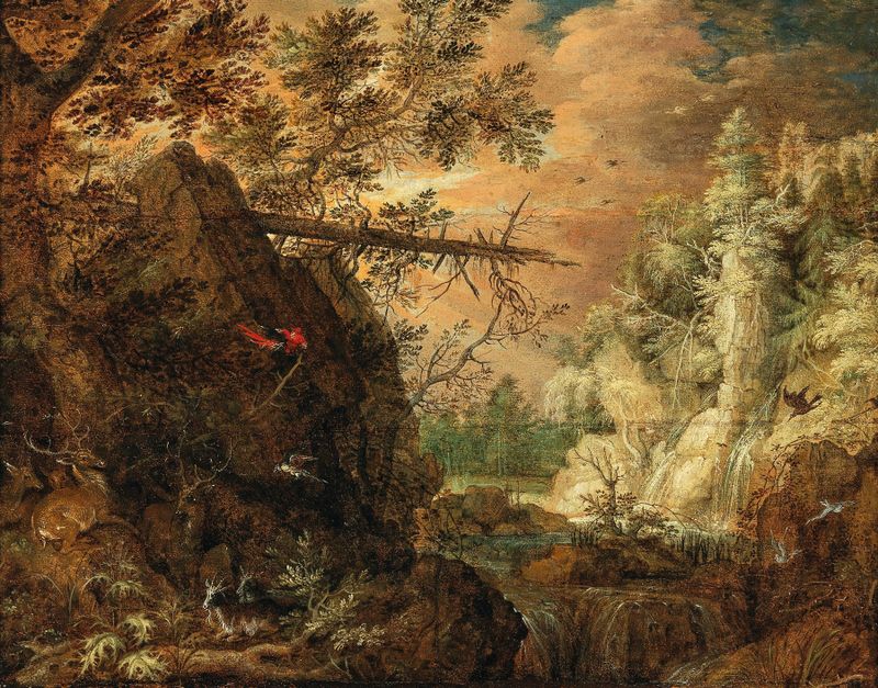 A rocky wooded landscape with a waterfall by Roelant Savery, oil painting