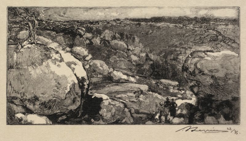 O Circo de Long-Rocher, gravura de Auguste Louis Lepère, mostra uma paisagem de rio tranquila.