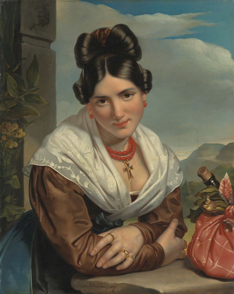 Girl Resting, oil painting by Jan Adam Kruseman, features a young woman reclining in soft pastel hues.