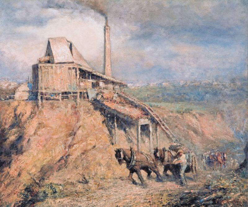 O Velho Triturador de Pedra de Frederick McCubbin, pintura a óleo que retrata uma paisagem de pedreira.