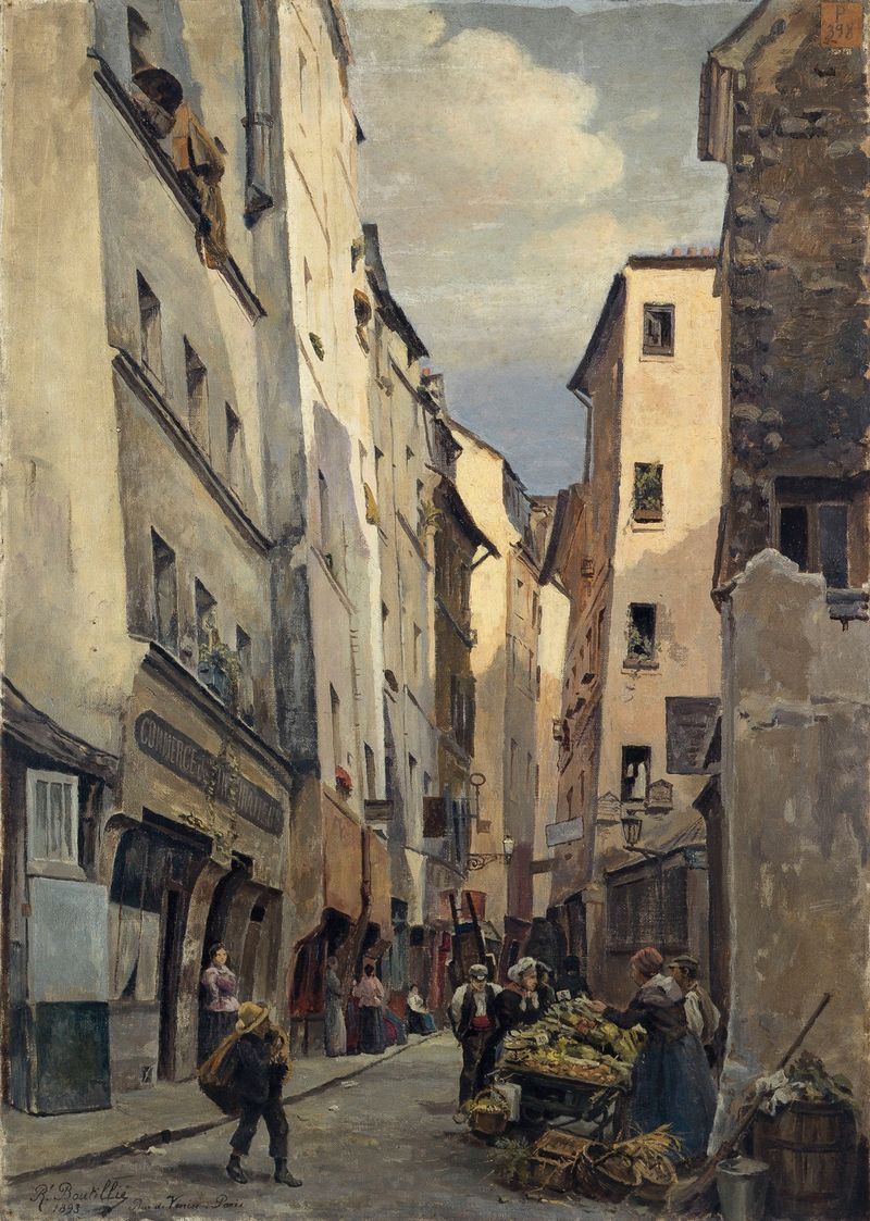 La rue de Venise en 1893, óleo sobre lienzo de Raphaël Boutillier, que representa un canal al amanecer.