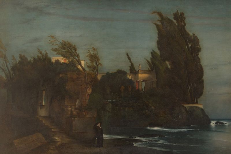 Fiesole Villa junto al mar, pintura al óleo de Arnold Böcklin, que representa un paisaje costero tranquilo.