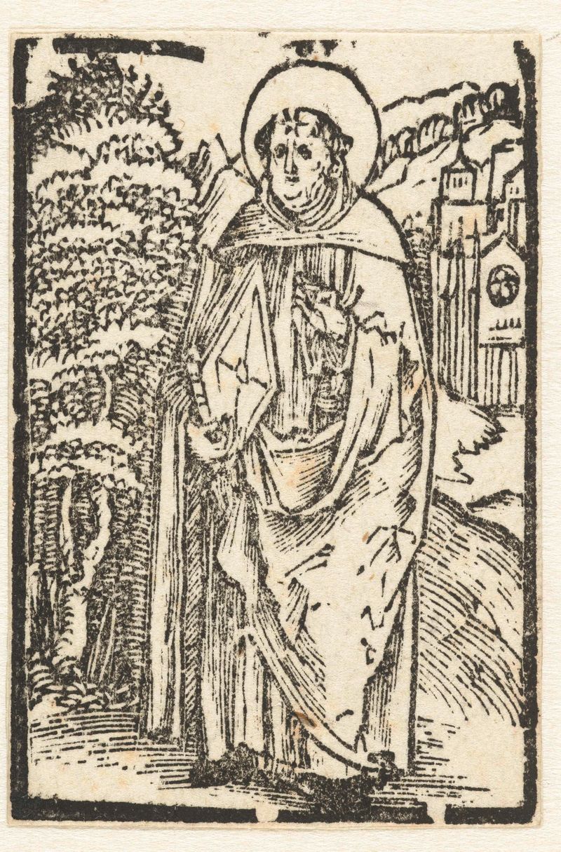 Heilige Dominicus de Albrecht Dürer, medio papel, representando a un santo con un aura etérea.