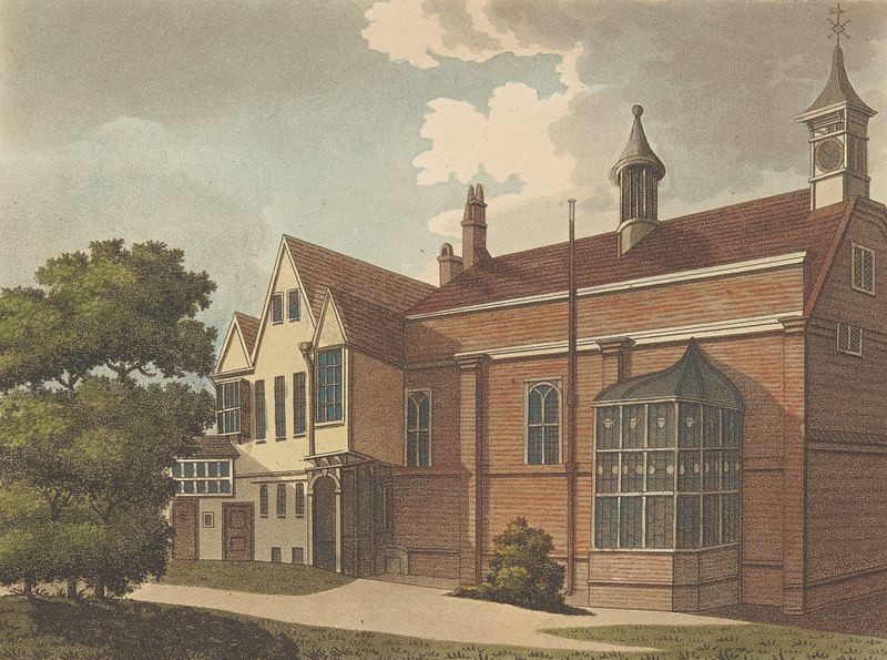 Garden Front of Furnival’s Inn de Samuel Ireland, pintura al óleo que muestra una escena de jardín tranquila.