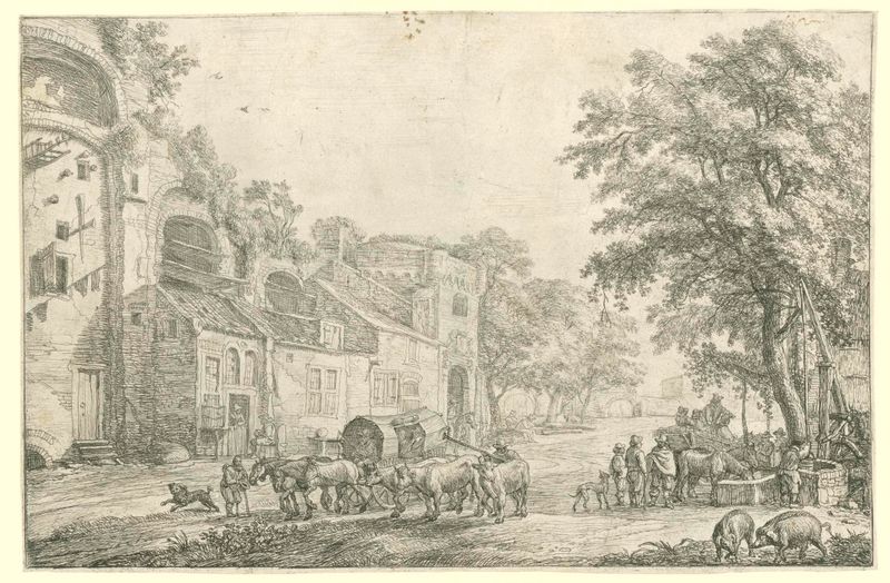 Toegangsweg van een stad gravura de Simon de Vlieger mostrando uma paisagem urbana com luz e sombra.