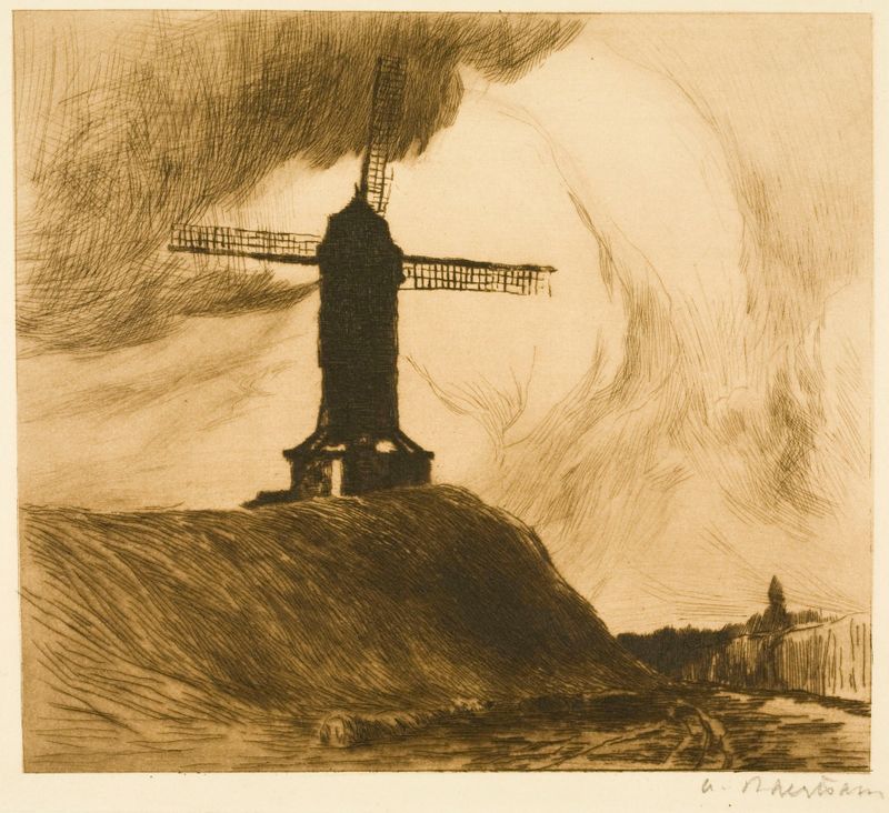 Oil painting by Albert Baertsoen depicting a mill in Bruges