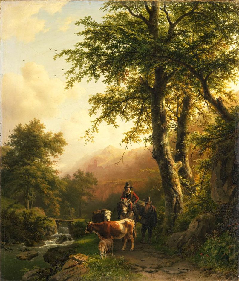 Italian Landscape by Barend Cornelis Koekkoek, oil on canvas depicting a sunset over distant hills.