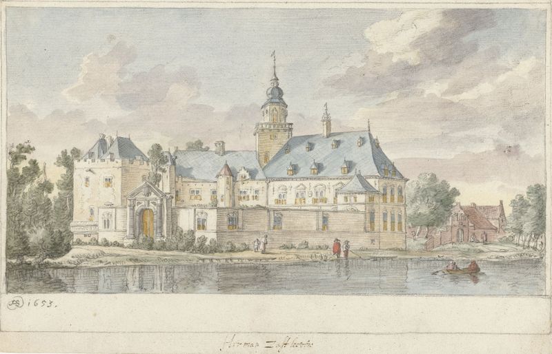 Landscape of Gezicht op kasteel Nijenrode by Herman Saftleven, oil on canvas depicting a castle and river.