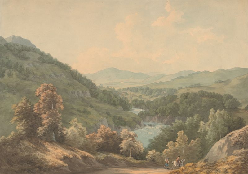 Watercolour by John Warwick Smith depicting hills and a river
