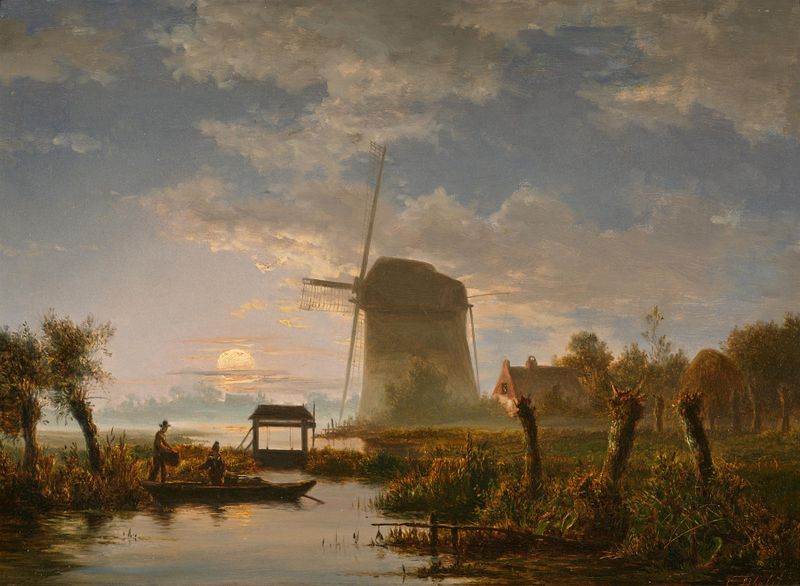 Pintura a óleo do período de ouro holandês por Jacobus Theodorus Abels, retratando uma paisagem fluvial tranquila com um m...