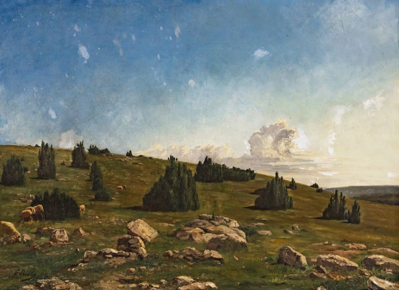 Landscape of the Causses by Paul Prouho, oil on canvas depicting earthy tones and textured nature.