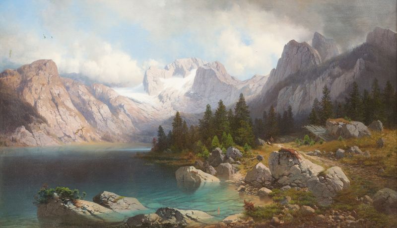 Landscape of lake Eibsee reflecting the sky, by Carl Millner, medium unknown.