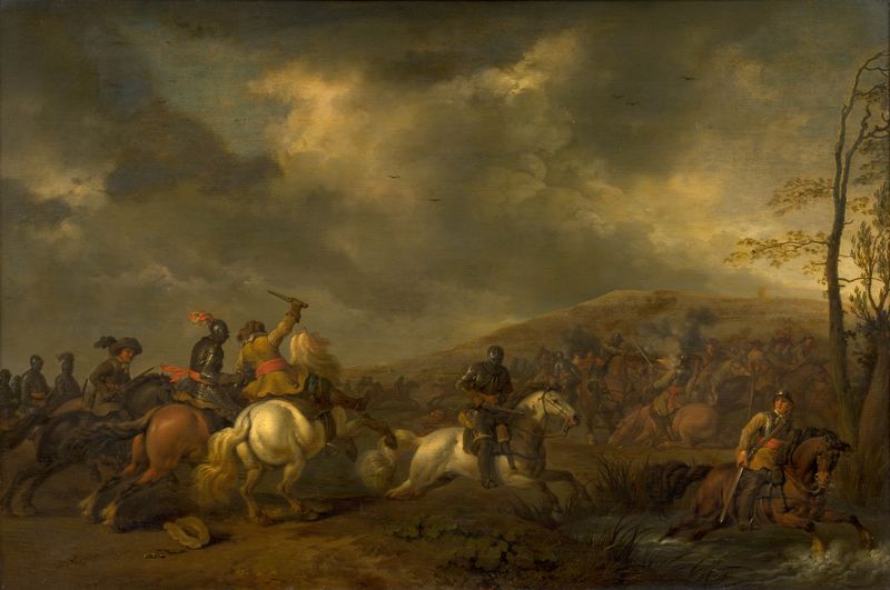 Choc de cavalerie de Abraham Van Calraet, pintura figurativa al óleo con formas en espiral y colores vibrantes.