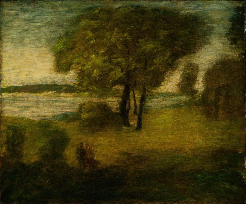 El Río de Albert Pinkham Ryder, pintura al óleo que representa un río serpenteante bajo un cielo crepuscular.