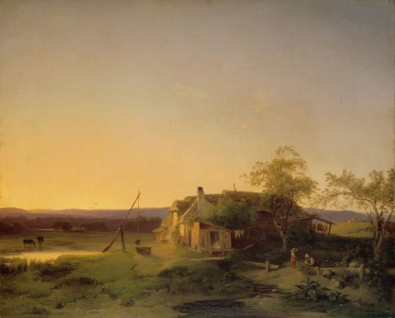 Abendlandschaft de Ignaz Raffalt, óleo sobre tela retratando uma paisagem serena ao crepúsculo.