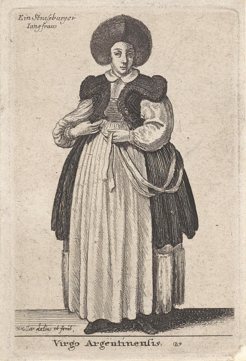 Virgo Argentinensis gravura de Wenceslaus Hollar com figura feminina e reflexão