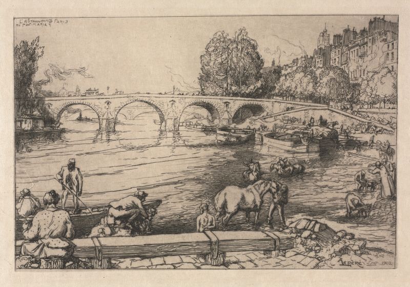 El Lugar de Riego en el Puente Marie de Auguste Louis Lepère, pintura al óleo que muestra caballos cerca de un puente y agua.
