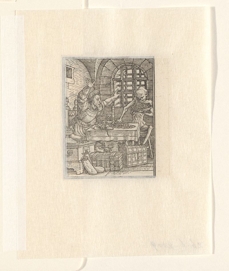 Rijke man en de Dood de Hans Holbein (II), meio papel, retratando um homem rico confrontado pela Morte.
