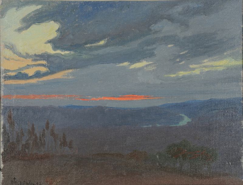 Lever de soleil au-dessus de l’Arno, oil on canvas by Charles Marie Dulac, depicting a serene river at sunrise.