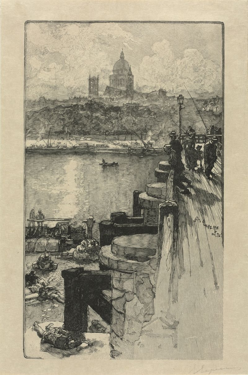 Fishermen on a pier de Auguste Louis Lepère, gravura que mostra dois pescadores puxando redes no Sena