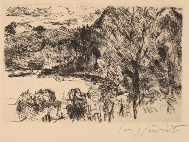 Lovis Corinth oil painting of Walchensee with Jochberg, featuring a serene lake and distant mountain.
