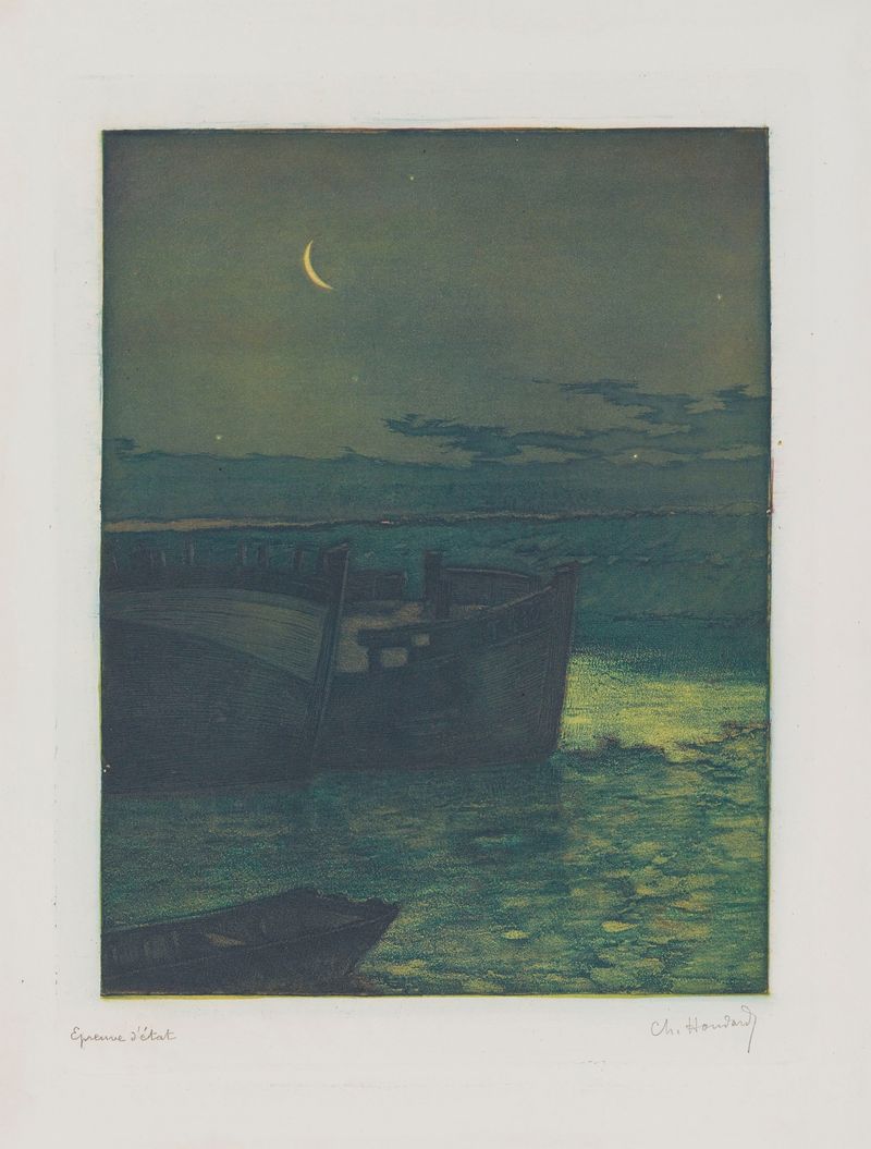 Marine scene with a ship under moonlight by Charles-Louis Houdard
