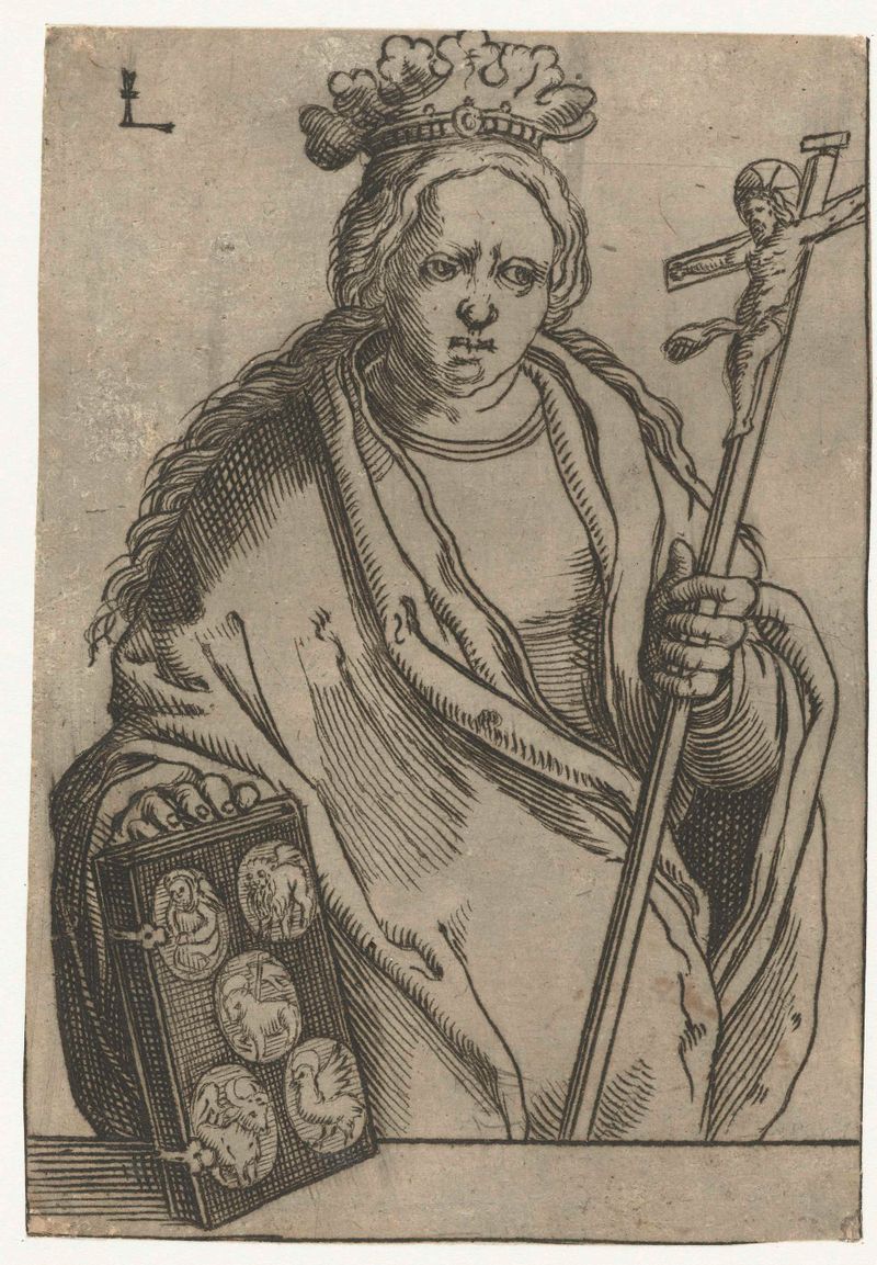 Gravura de Unknown Artist retratando a personificação da fé cristã em ricos trajes.