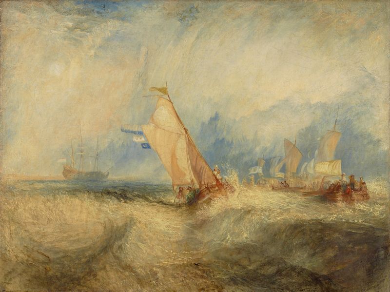 Van Tromp, Going About to Please His Masters de Joseph Mallord William Turner, óleo de un barco en el mar.