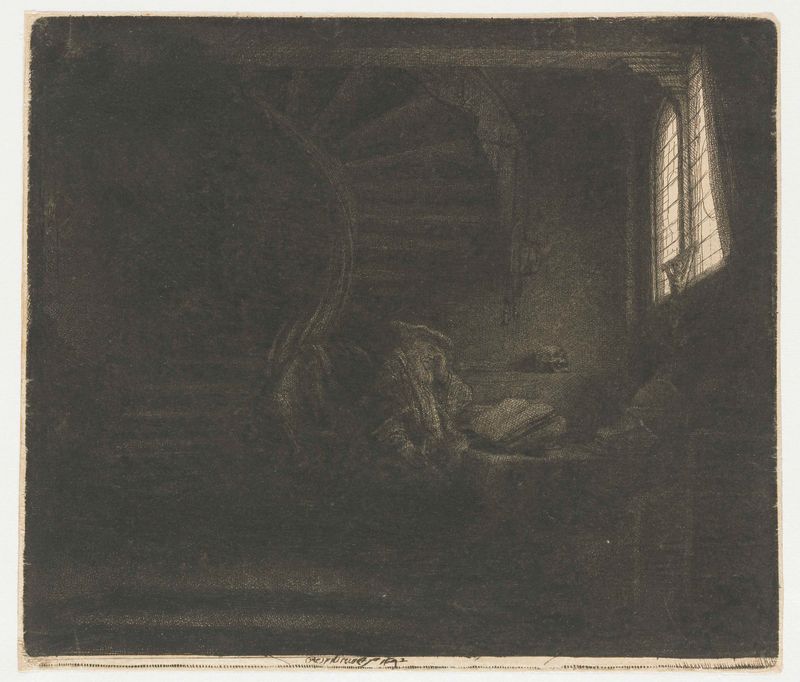 Gravura de Rembrandt van Rijn de São Jerônimo em uma câmara escura cercado por livros.