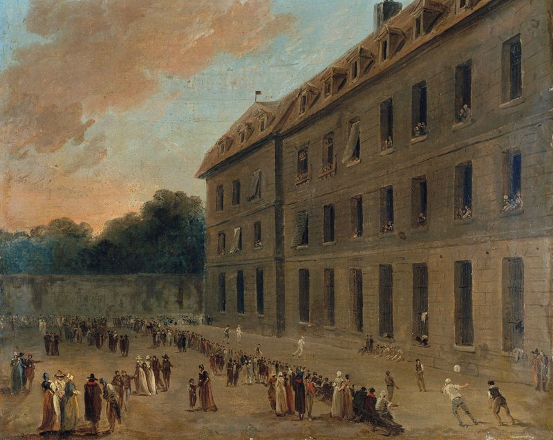 Récréation Des Prisonniers À Saint-Lazare, óleo de Hubert Robert mostrando prisioneiros em lazer.